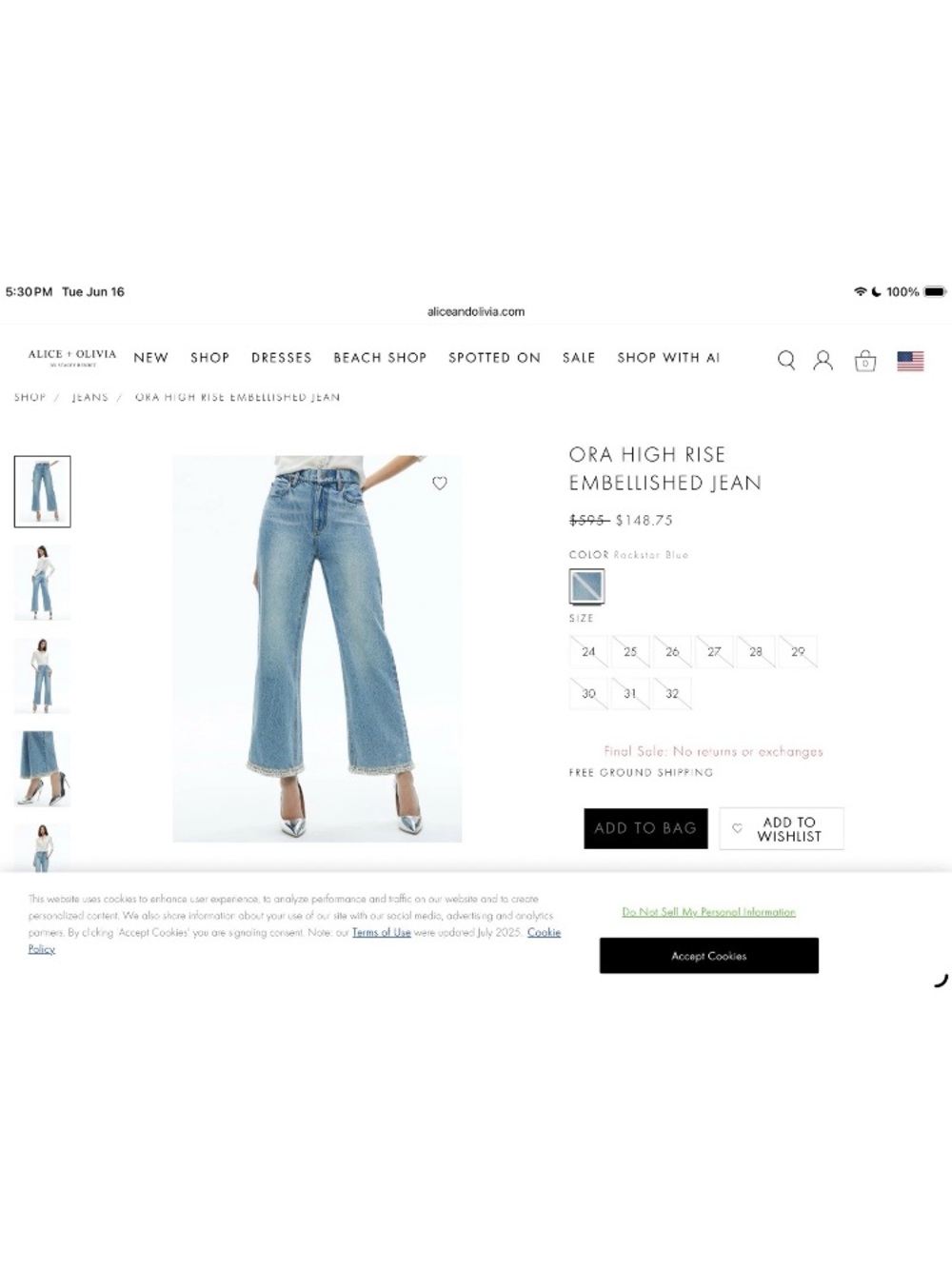 Alice + Olivia Ora High-Rise Embellished wide leg Jean - Rockstar Blue- $595